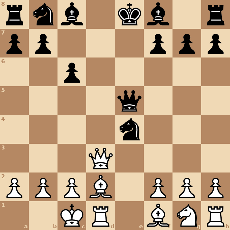 Белые: король c1, ферзь d3, ладьи d1, h1, слоны d2, f1, конь g1, пешки a2, b2, c2, f2, g2, h2. Чёрные: король e8, ферзь e5, ладьи a8, h8, слоны c8, f8, кони b8, e4, пешки a7, b7, c6, f7, g7, h7. Ход белых.