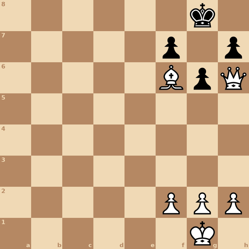 Белые: король g1, ферзь h6, слон f6, пешки f2, g2, h2. Чёрные: король g8, пешки f7, g6, h7. Ход белых.
