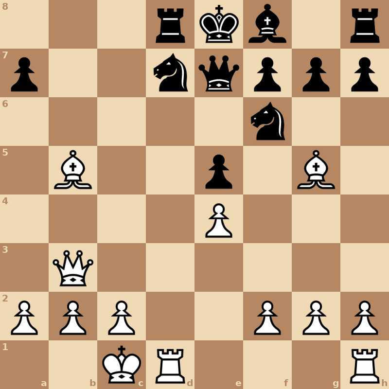 Белые: король c1, ферзь b3, ладьи d1, h1, слоны b5, g5, пешки a2, b2, c2, e4, f2, g2, h2. Чёрные: король e8, ферзь e7, ладьи d8, h8, слон f8, кони d7, f6, пешки a7, e5, f7, g7, h7. Ход белых.